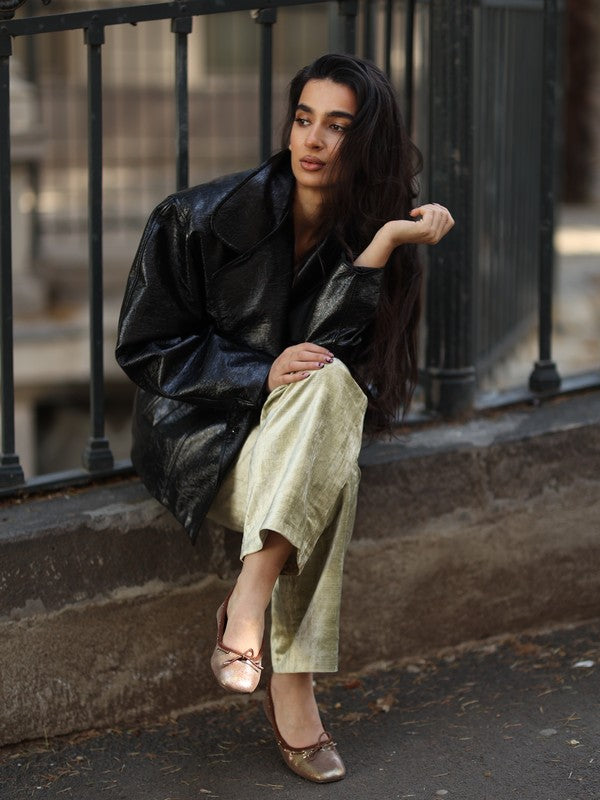Model lifestyle photo wearing Darlow Drawstring Bow Ballerinas in brown suede