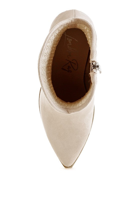 Beige Bimmy Woven Western Boots top view displaying pointed toe shape and woven pattern.