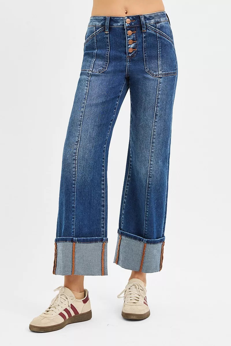 Aubrey High Rise Cuffed Jeans front view with wide leg fit