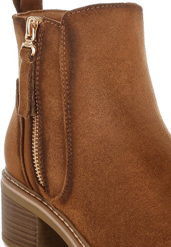 Close-up of Brown Tigris Microfiber Zipper Boots showing tassel zipper and microfiber texture.