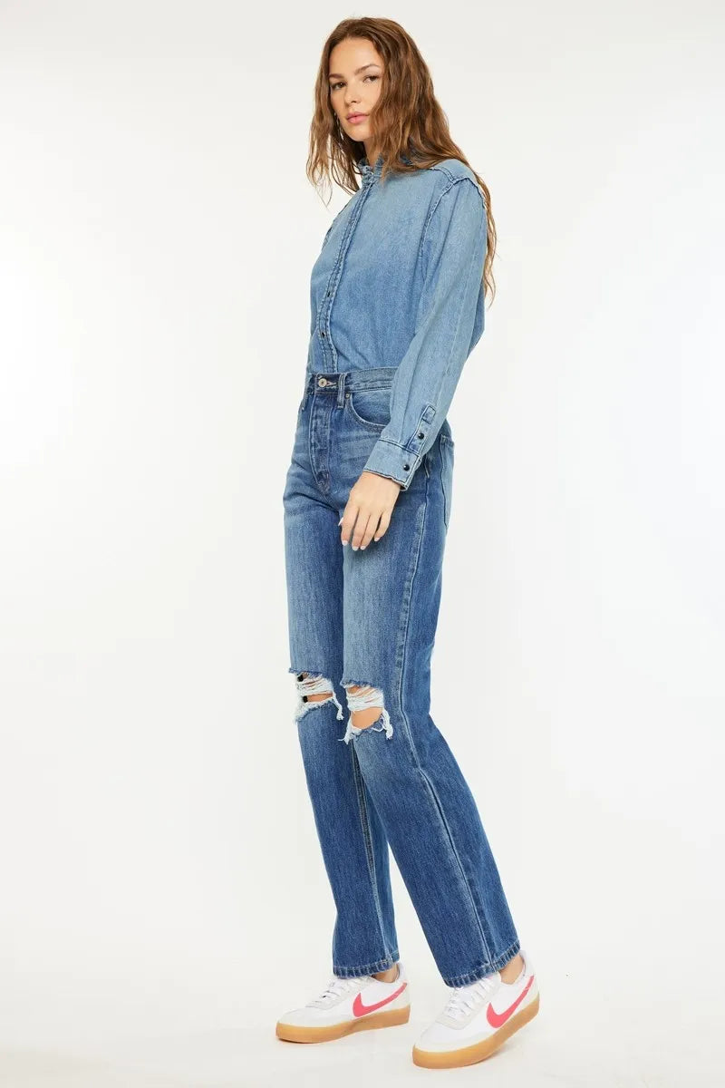 Side view of Scottie Boyfriend Jeans with distressed detailing and no-stretch denim for a true 90s look.