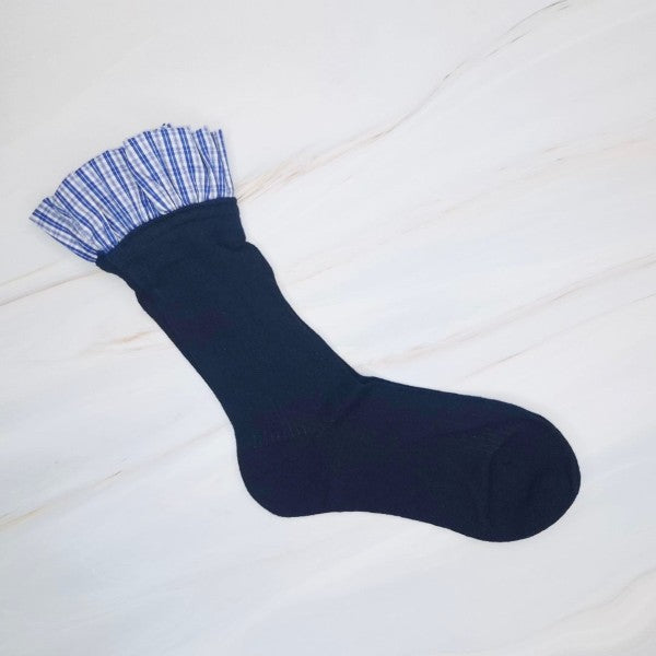 Blue Oh So Chic Plaid Ruffle Sock with plaid ruffle trim.
