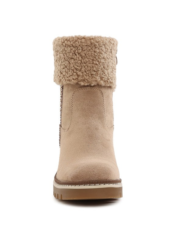 Front view of Beige Woolly Faux Fur Embroidered Boots showing round toe, embroidery, and fur collar