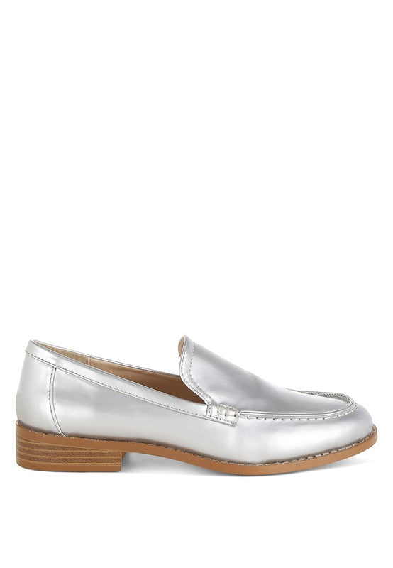 Lateral view of Silver Corleone Vegan Leather Loafers highlighting vegan leather shine.