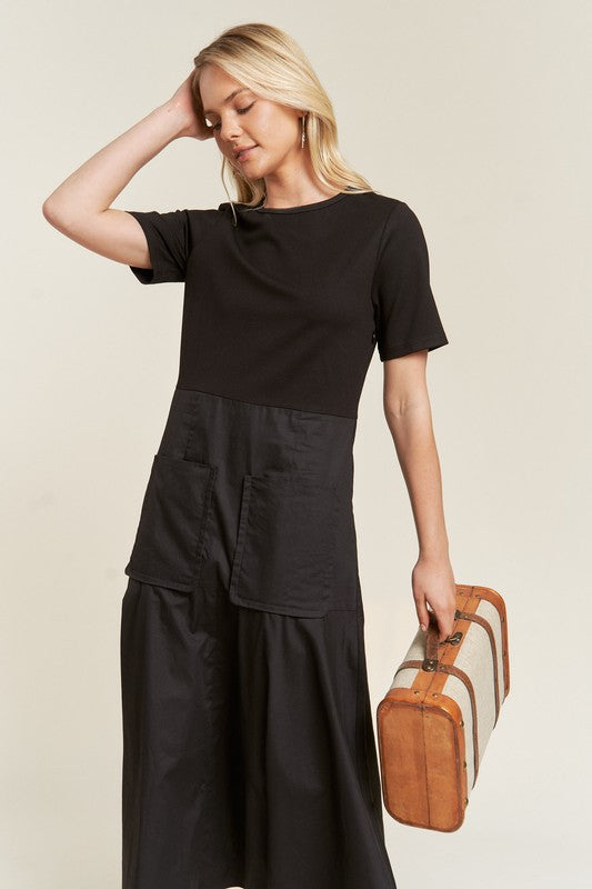 Front view of Felicity Knit Mix Dress in black with round neckline and short sleeves