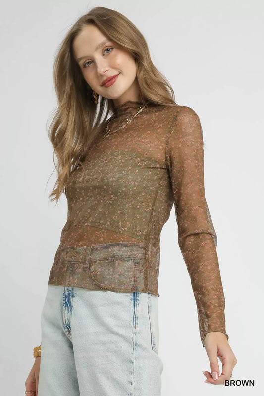 Sheer floral lace mesh blouse side angle in brown, long sleeves shown.