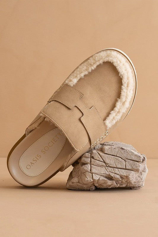 Top view of Avalon Khaki suede loafer mules showcasing shearling trim and rounded toe.