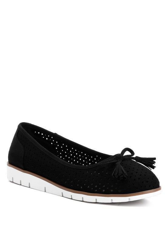 Front angle view of black Pacer vegan leather ballerina flat featuring perforated detailing and a bow embellishment.