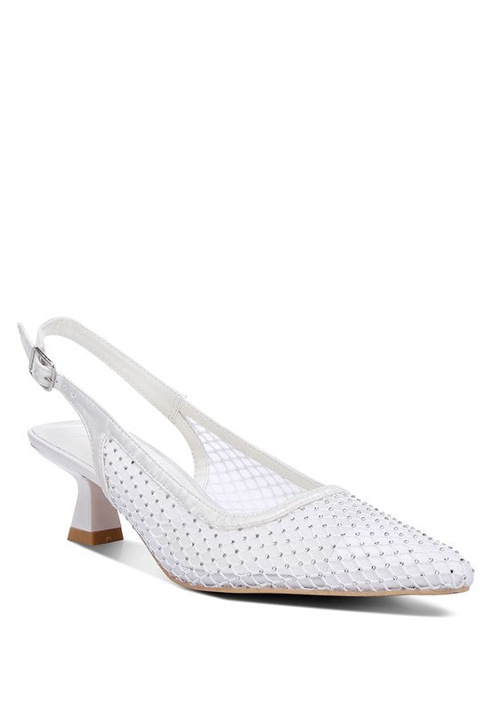 White rhinestone mesh slingback mules with pointed toe kitten heel.