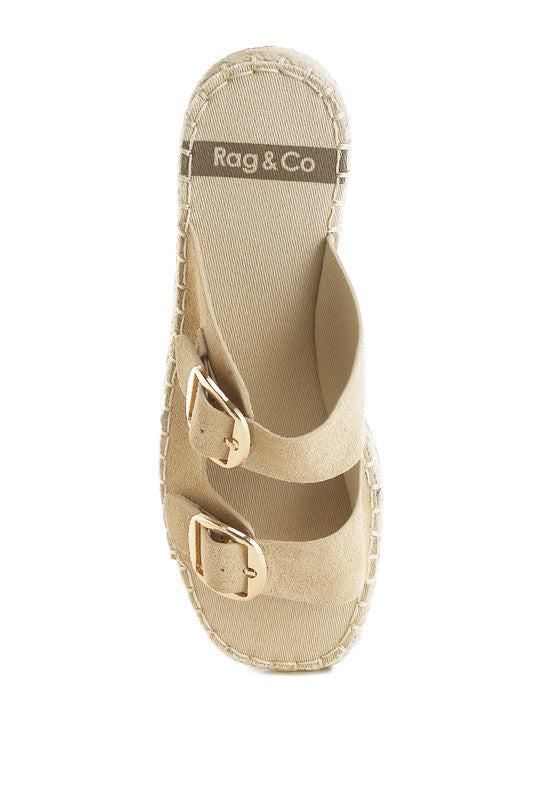 Top view of beige genuine leather espadrille flatform sandal showing open square toe, cushioned insole, and buckle strap.