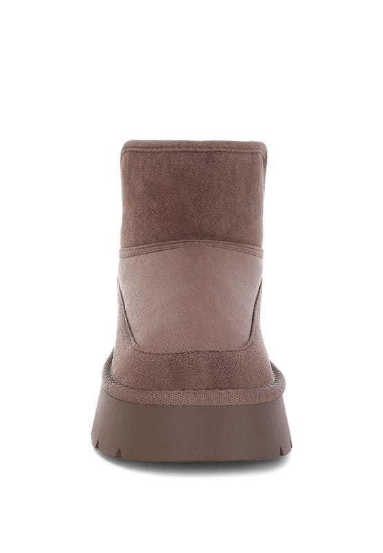 Front view of Dark Grey Holias Chunky Heeled Snow Boots highlighting chunky heel, round toe, and sleek style