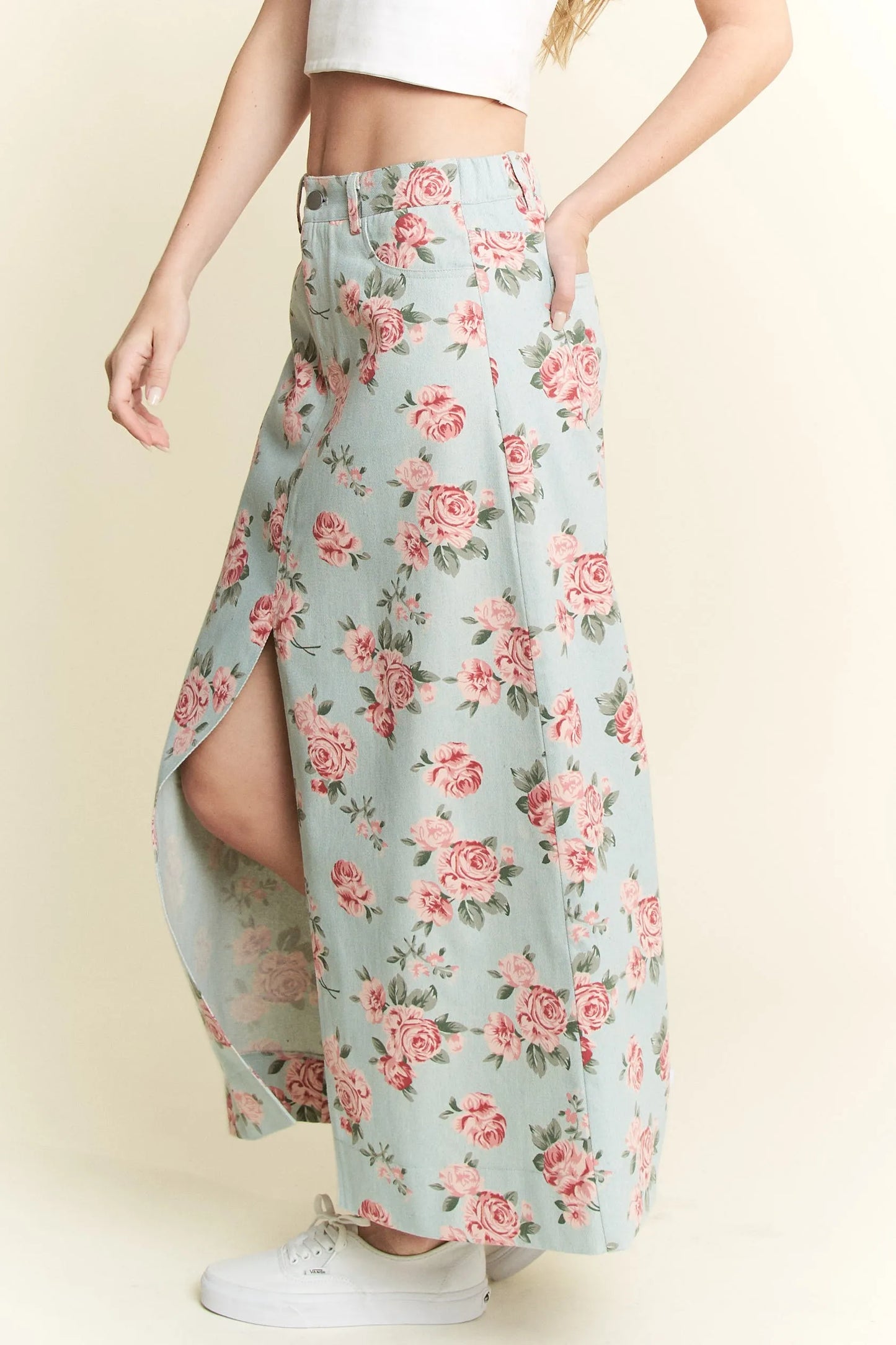 Angie front slit denim maxi skirt with feminine pink floral print, designed for all sizes including plus – perfect casual chic style.