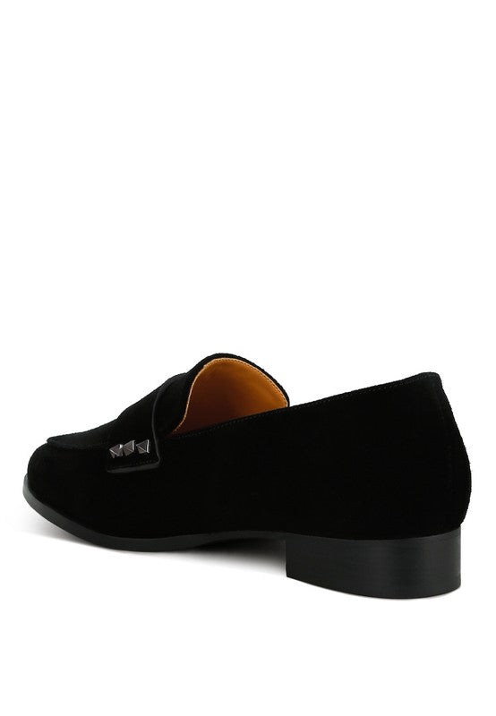 Black Durance Suede Loafers shown from back with block heel and studs