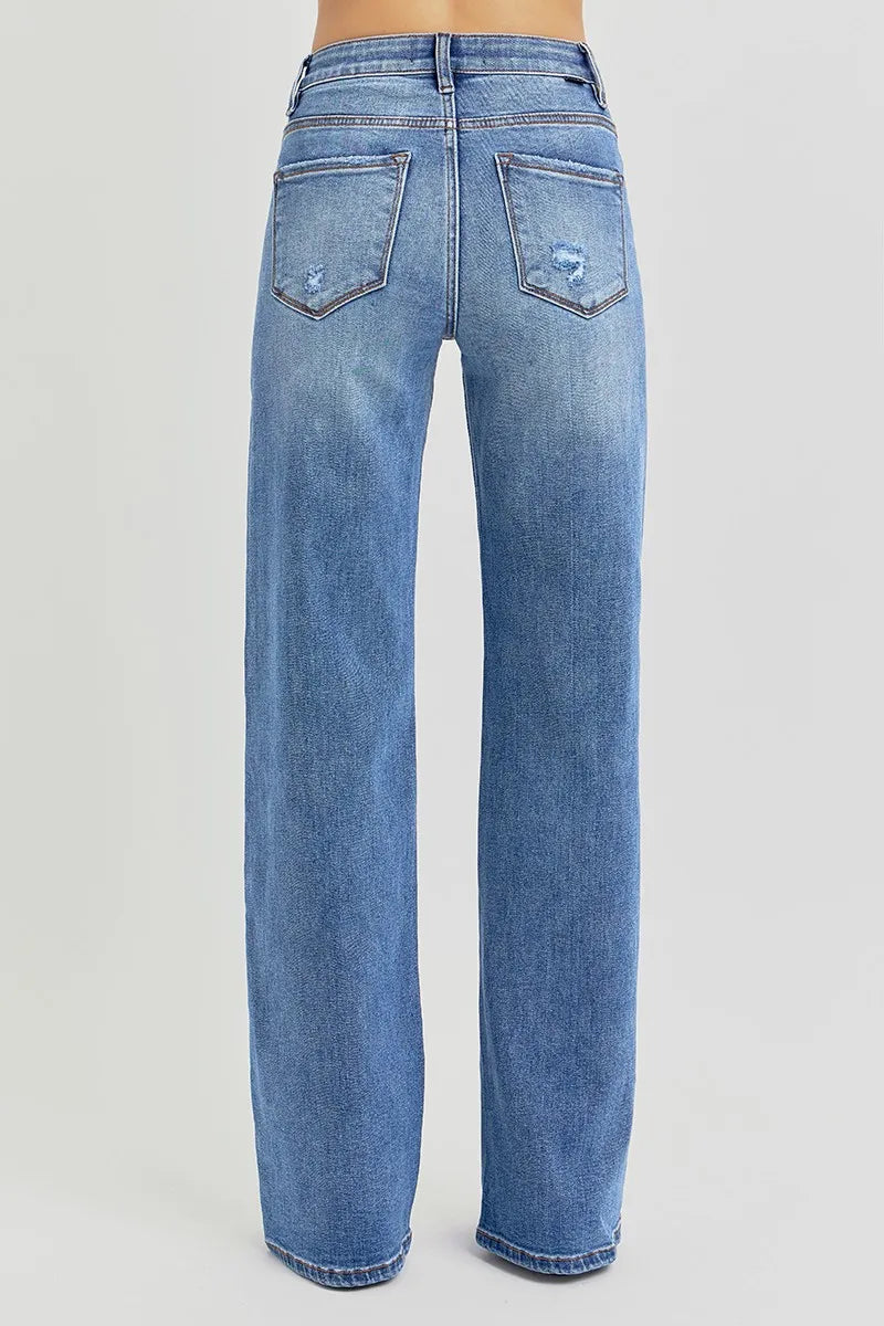 Rear view of Allyson high rise wide leg jeans with classic back pockets.