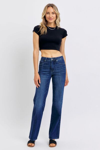 Donna Tummy Control Straight Jeans by Judy Blue in dark wash, high waist, straight leg style with tummy control and moderate stretch.