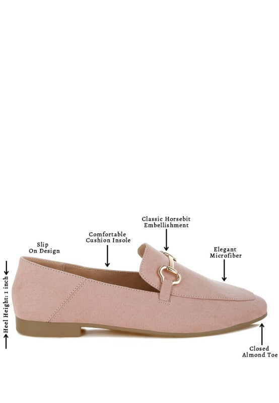 Pink Noltas Loafers infographic featuring horsebit detail, cushioned insole, and flat heel.