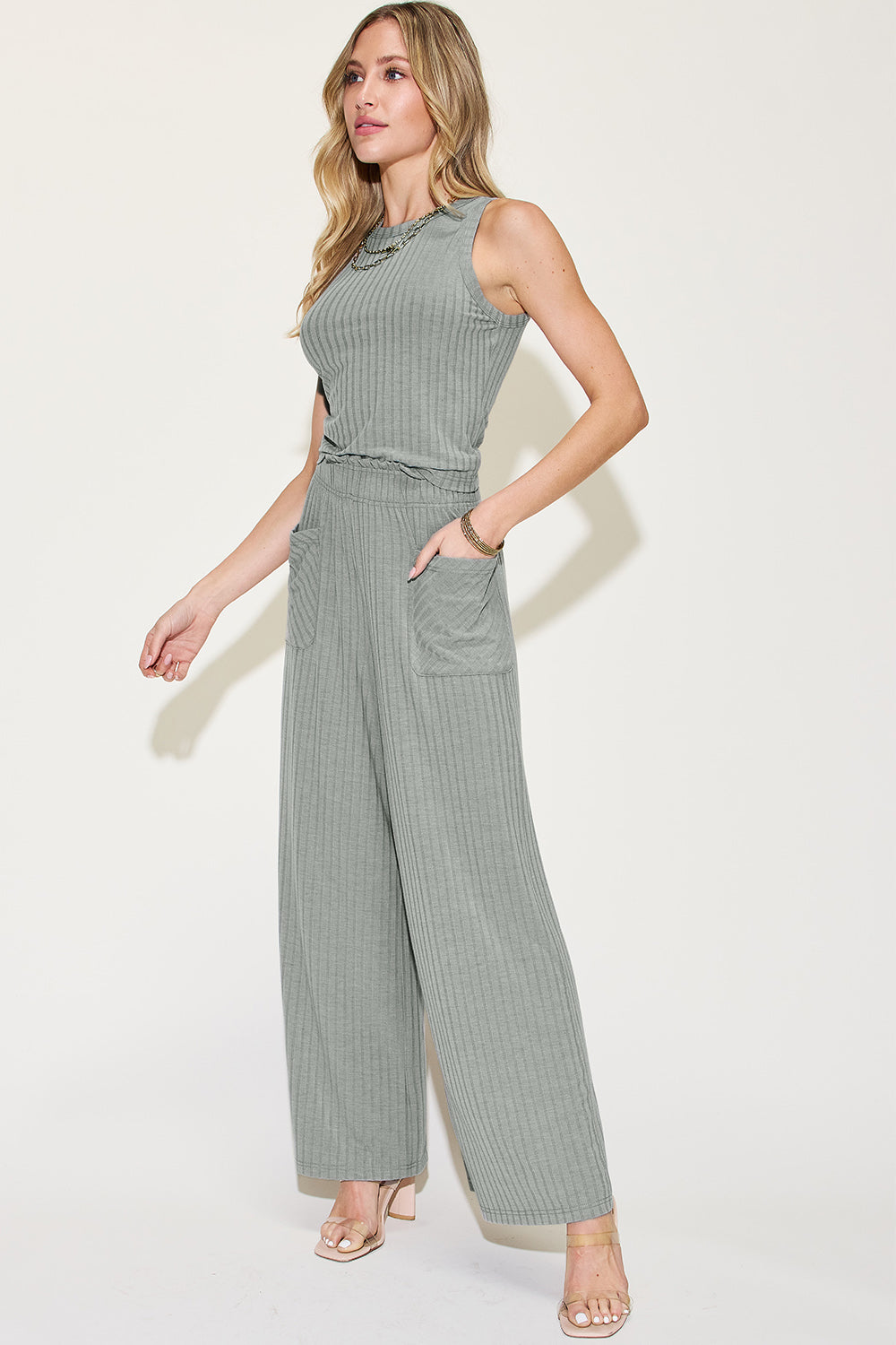 Side view of gray Noel Ribbed Tank & Pants Set, showcasing wide-leg silhouette and comfy stretch.