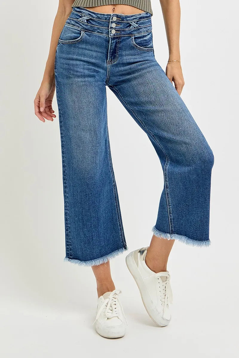 Wide leg cropped denim with raw hem and flattering wide waistband.