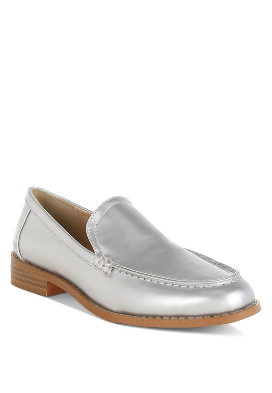 Front angle of Silver Corleone Vegan Leather Loafers with stacked block heel and stitch detail.