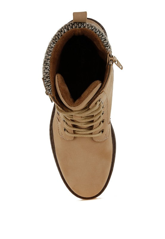 Top view of Beige Mahisha Hiker Boots showing rounded toe, lace-up front, and knitted collar.