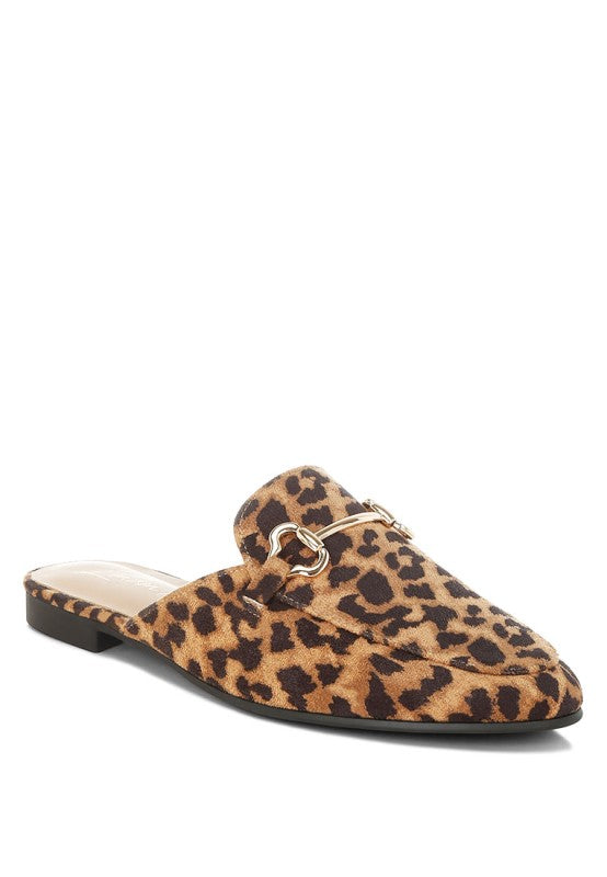 Single Alpine Horsebit Mule in leopard print, angled to showcase chic horsebit detail and soft microfiber texture.