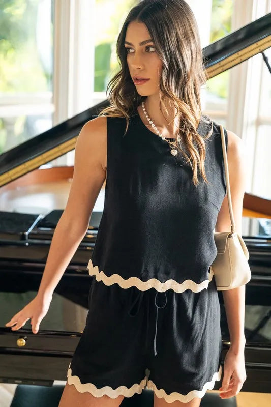 Annika Ric Rac Trim Two-Piece Set – Sleeveless Top and Shorts with Fun Contrast Detailing.