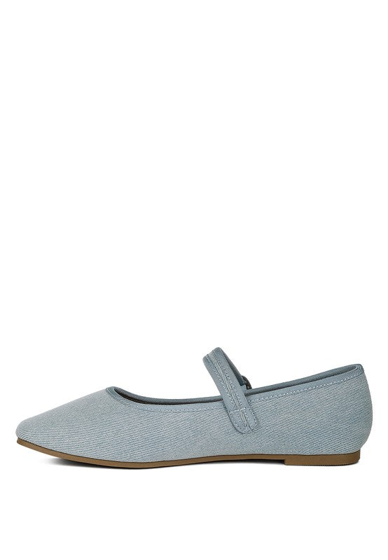 Iker Denim Ballerinas - Pin Buckle, Cushioned Insole, Flat Heel