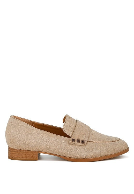 Sand Durance Suede Loafers side view with strap vamp and low block heel