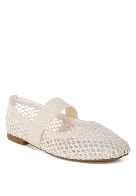 Beige Nayela Ballerina Flats with mid-foot strap and square toe design.