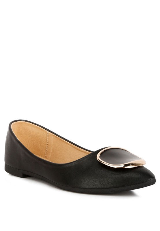 Front angle view of black ballet flats with brooch embellishment