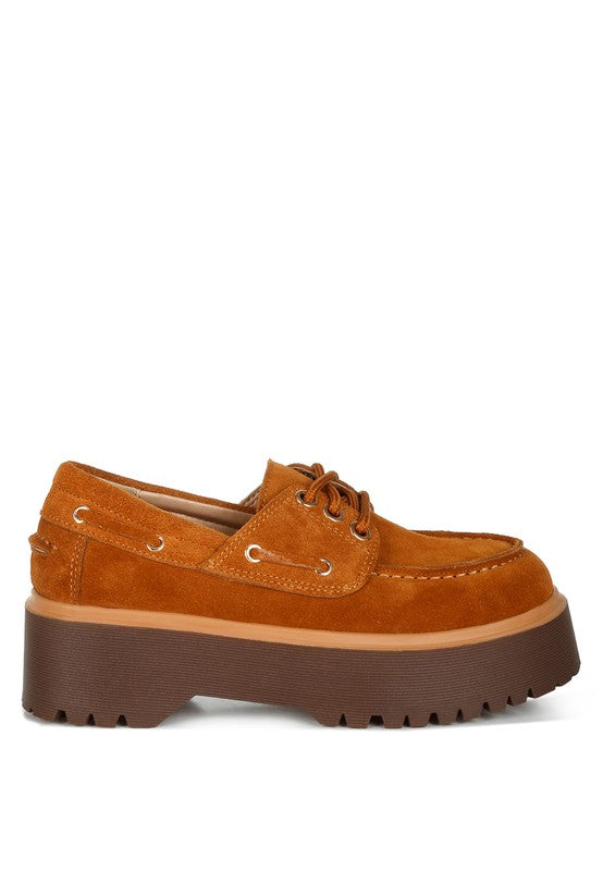 Tan Cuckatoos Suede Oxford Loafers side angle with chunky block platform heel.