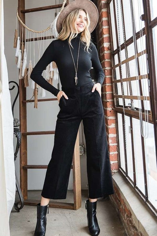Lulu Plus Size Ribbed Velvet Pants in Black, cropped wide leg ribbed style