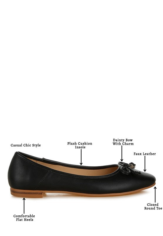 Black vegan leather ballerinas shown from multiple angles, highlighting bow detail, cushioned insole, slip-on design, and flat heel.