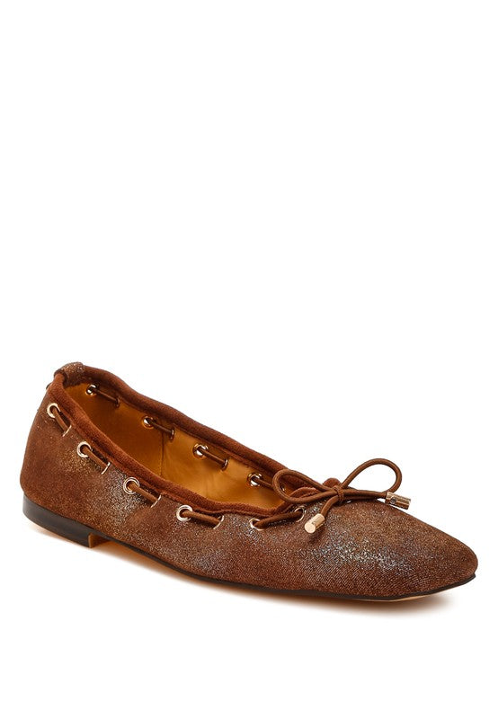 Front angle view of Darlow Drawstring Bow Ballerinas in brown suede