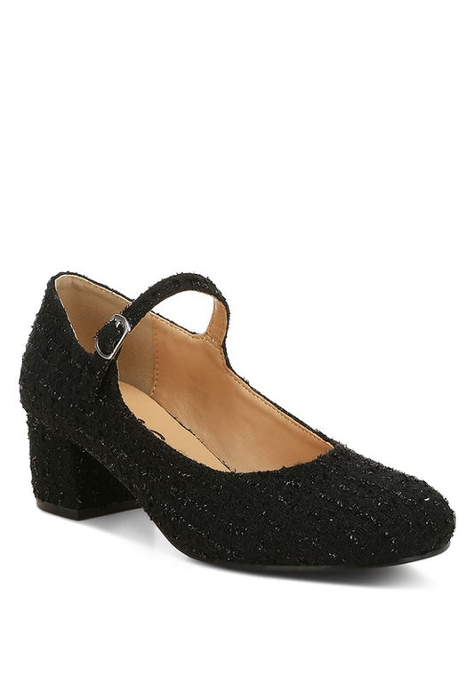 Front angle of Black Antara Tweed Mary Jane Heels with ankle strap and block heel design.