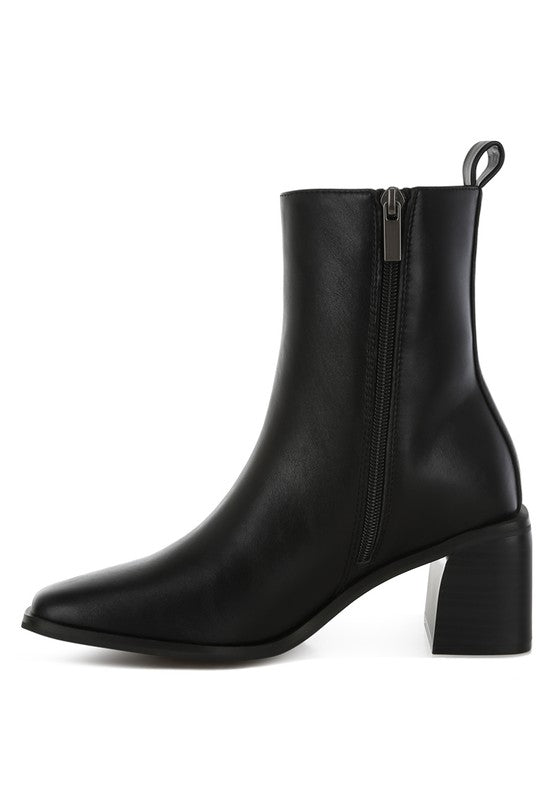 Side view of Black Muskox Square Toe Boots highlighting zipper closure and block heel design.