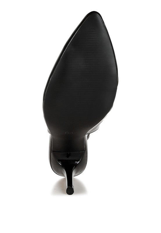 Bottom view of Black Voisin Slingback Loafer Heels highlighting TPR sole and stiletto heel.