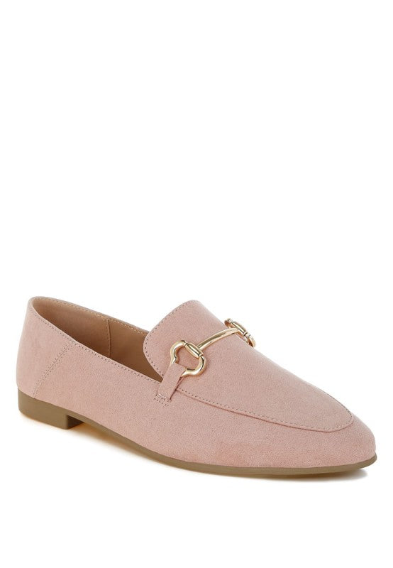 Pink Noltas Flat Loafers close-up showing horsebit detail and smooth microfiber finish.