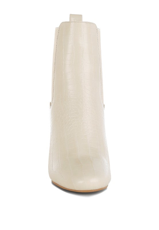 Front view of beige Briony Patent Vegan Leather Block Heel Ankle Boots with round toe.