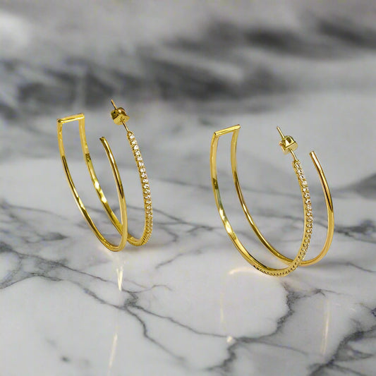 Double Open Top Hoop Earrings standing upright, showing cubic zirconia sparkle and open-top design