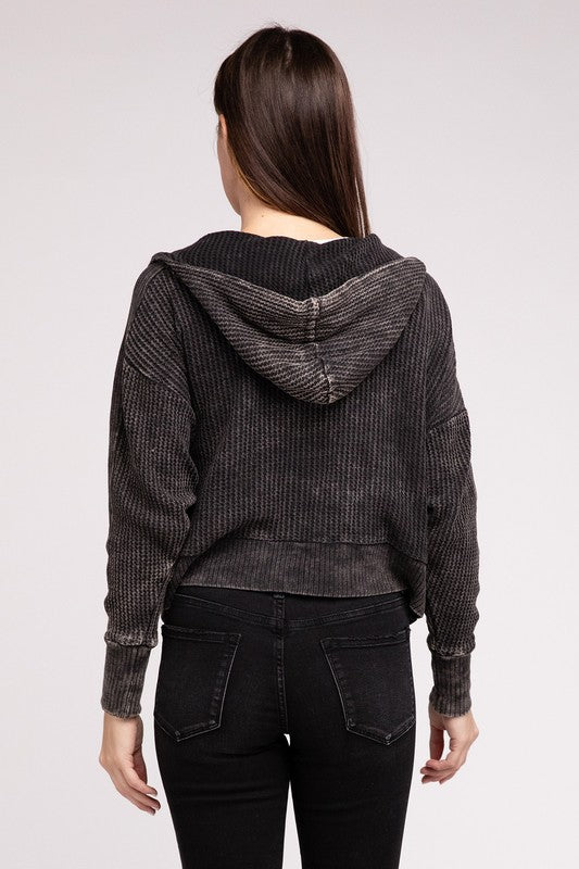 Back view of Ash Black Hanna Acid Wash Hooded Jacket, showing hood and hemline.