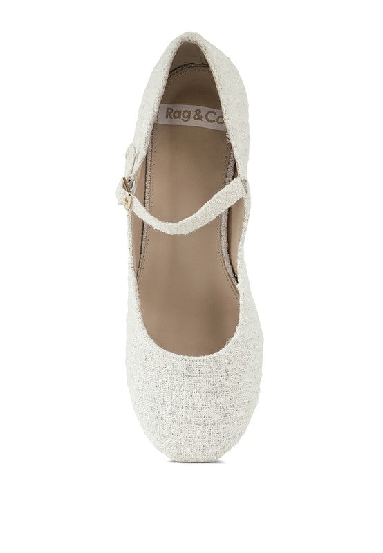 Top view of White Antara Tweed Mary Jane Heels highlighting round toe and strap detail.