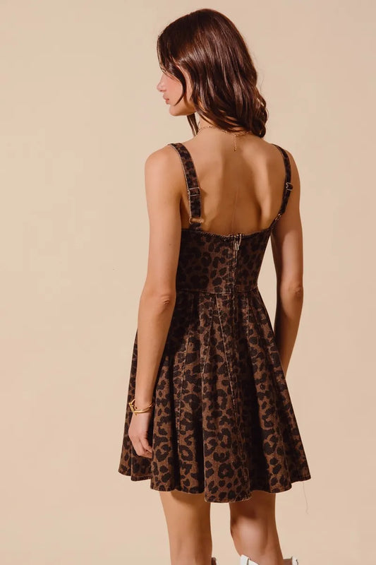 Roxanne Leopard Flare Cami Dress with adjustable spaghetti straps and flared mini hemline.