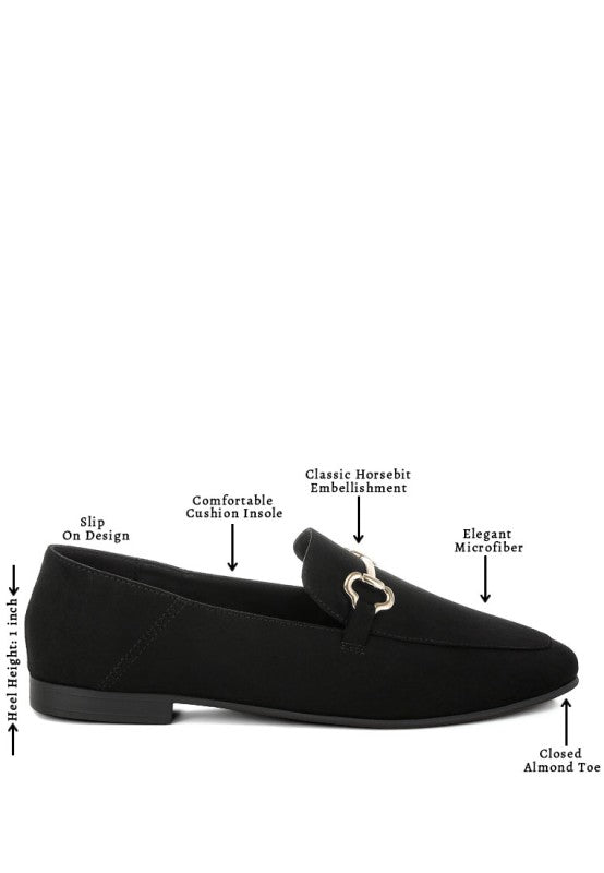 Black Noltas Flat Loafers infographic highlighting horsebit detail, cushion insole, and sleek silhouette.