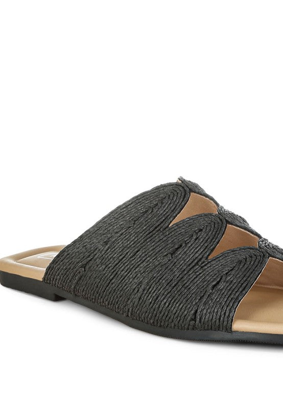Close-up of black Daisy Doe raffia flat highlighting the intricate raffia weave and cut work pattern.