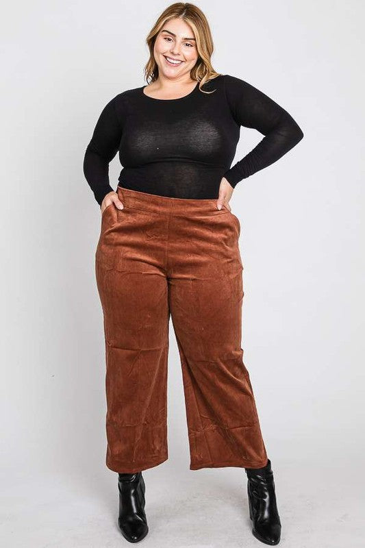 Lulu Plus Size Ribbed Velvet Pants in Mocha, ribbed velvet cropped style