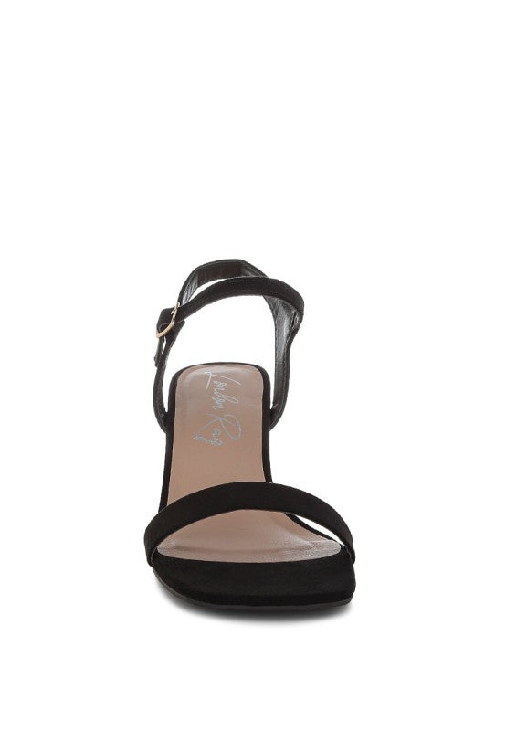 Front view of black Akiya Square Toe Block Sandals with square toe design
