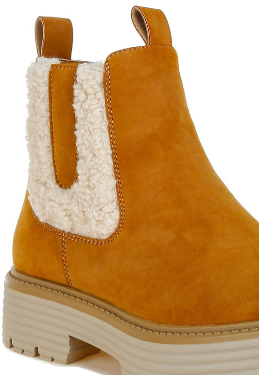 Close-up of Tan Mothman Chunky Ankle Boots showing faux fur detail and soft microfiber texture.