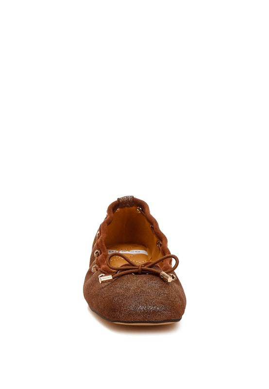 Front view of Darlow Drawstring Bow Ballerinas in brown suede with drawstring bow