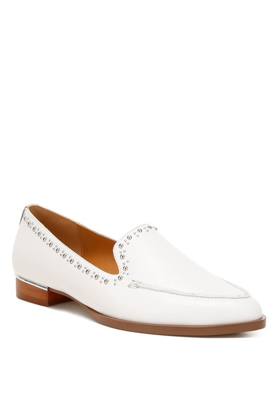 White Wolferton studded leather loafers front angle view
